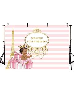 MEHOFOTO Welcome Little Princess Baby Shower Photo Background Girl Pink and White Stripe Gift Eiffel Tower Party Banner Backdrops for Photography 7x5ft