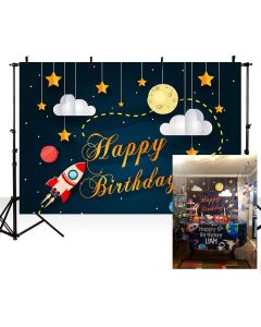 MEHOFOTO Cartoon Space Themed Photo Background Rocket Starry Sky Moon Cloud Boy Happy Birthday Party Decorations Banner Child Backdrops for Photography 7x5ft
