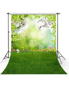 MEHOFOTO Spring Photography Backdrop Happy Easter Green Grass Lawn White Floral Child Kids Portrait Bokeh Photo Studio Booth Background Props 5x7ft