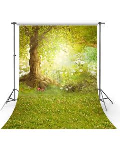 MEHOFOTO 6x8ft Photography Backdrop Happy Easter Woodland Big Tree Meadow Grass White Flower Fairy Tale Photo Studio Booth Background