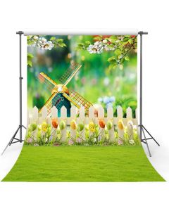 MEHOFOTO Happy Easter Photography Backdrop Colorful Eggs Garden White Flowers Windmill Grass Kid Bokeh Photo Studio Booth Background 5x7ft