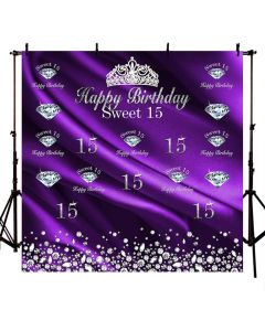 MEHOFOTO Sweet 15 Crown Diamond Photo Background Happy 15th Birthday Party Banner Purple Backdrops for Photography 8x8ft