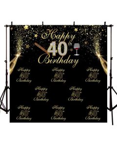 MEHOFOTO Black Photo Background Shining Gold Stars Champagne Cigar Man 40th Happy Birthday Party Banner Backdrops for Photography 8x8ft