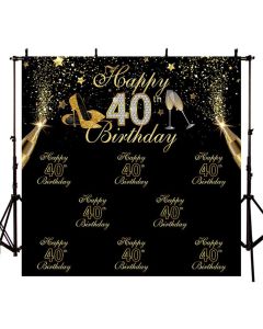 MEHOFOTO Black Photo Background Shining Gold High Heels Champagne Stars Woman 40th Happy Birthday Party Banner Backdrops for Photography 8x8ft